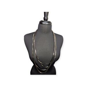 Natasha Silver/Black Multistrand Block Chain Long Necklace w/Lobster Claw Clasp